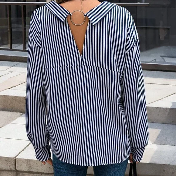 White Casual Women's Metal Button Shirt - Picture 3 of 5